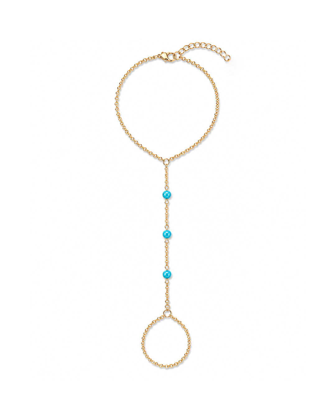 Blue Hawaiian turquoise fire opal hand chain featuring three luminous opals with aqua, Caribbean blue, teal, and subtle white flashes on a diamond-cut 18K Gold PVD chain.