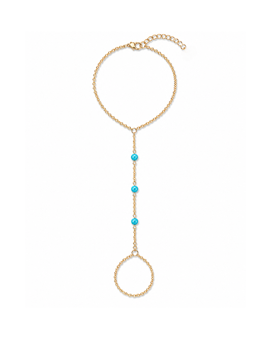 Blue Hawaiian turquoise fire opal hand chain featuring three luminous opals with aqua, Caribbean blue, teal, and subtle white flashes on a diamond-cut 18K Gold PVD chain.