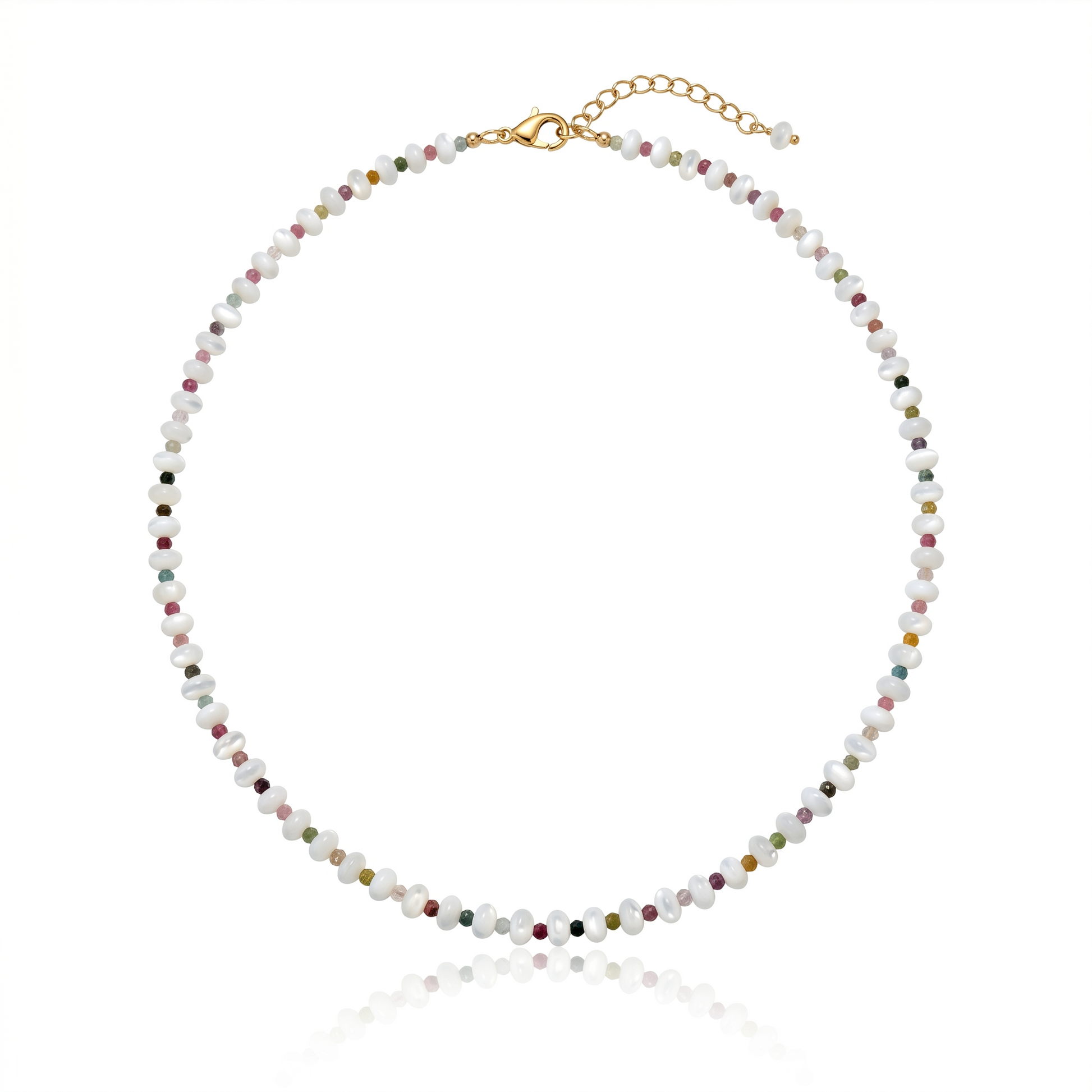 Hand-strung necklace featuring genuine mother of pearl rondelles, faceted watermelon tourmaline gemstones, and 18K Gold PVD hardware inspired by tropical coastal style.